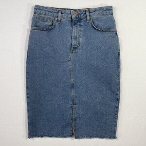 Denim Co Est 1969 Midi Jean Skirt Size 8 Light Wash Distressed Hem Front Slit